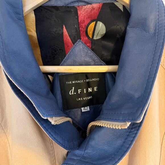 Vintage d.FINE Las Vegas Leather Bomber Jacket Men’s 42 Tan Blue Trim 90s Lined - Picture 3 of 11